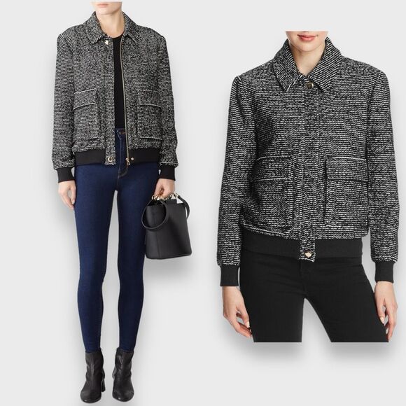 Badgley Mischka Tweed Knit Bomber Moto Jacket Size‎ Large Full Zip Black White - Picture 1 of 12